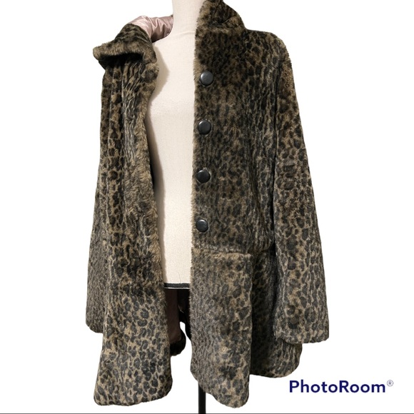 Free People large About Town Hooded faux fur leopard print coat jacket flaws - Picture 1 of 16